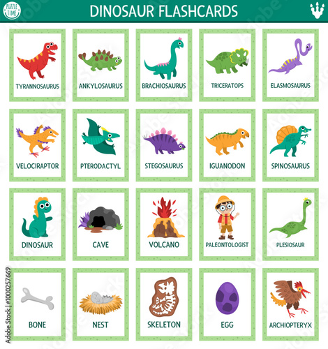 Vector big dinosaur flash cards set with t-rex, triceratops, pterosaur. English language game with ancient animals for kids. Prehistoric flashcards. Educational printable worksheet with cute dino
