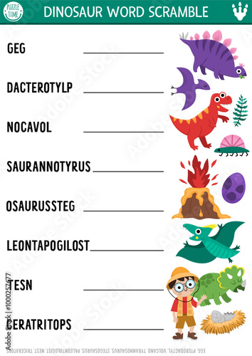 Vector dinosaur word scramble activity page. English language game with tyrannosaur, pterosaur, stegosaur for kids. Prehistoric family quiz with cute dino. Educational printable worksheet