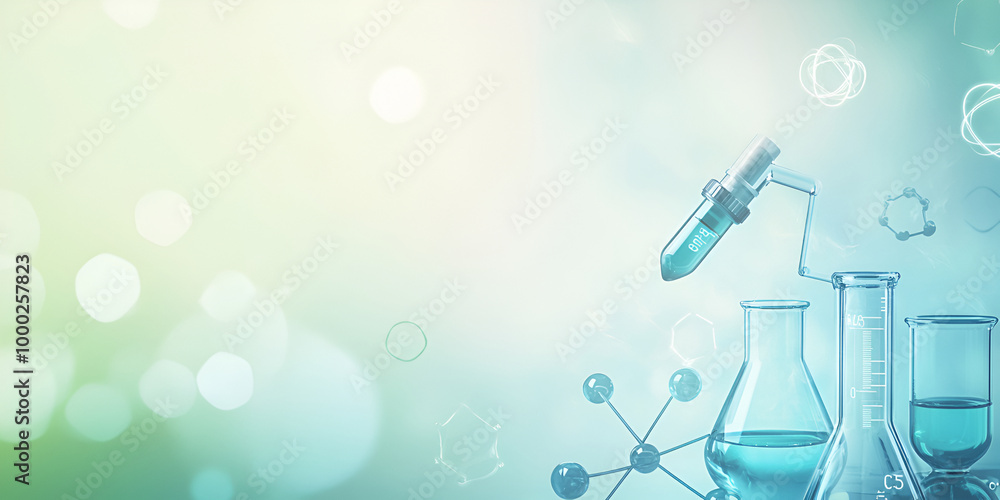 Scientific research scene with lab glassware and a pipette, showing laboratory experiments and chemical reactions Scientific research scene with lab glassware and a pipette, showing laboratory experiments and chemical reactions