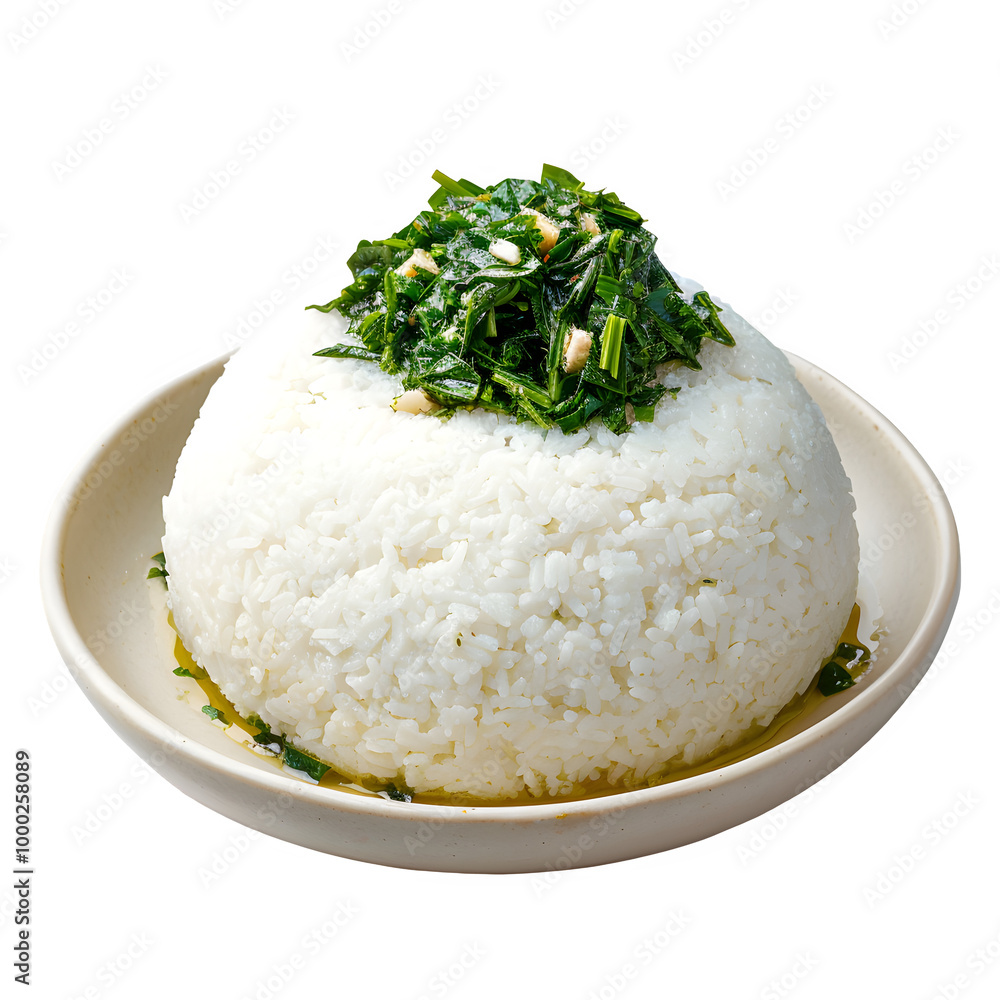 Dish of fluffy white rice served with vibrant green leafy veggies, making a nutritious and delicious meal Dish of fluffy white rice served with vibrant green leafy veggies, making a nutritious and delicious meal