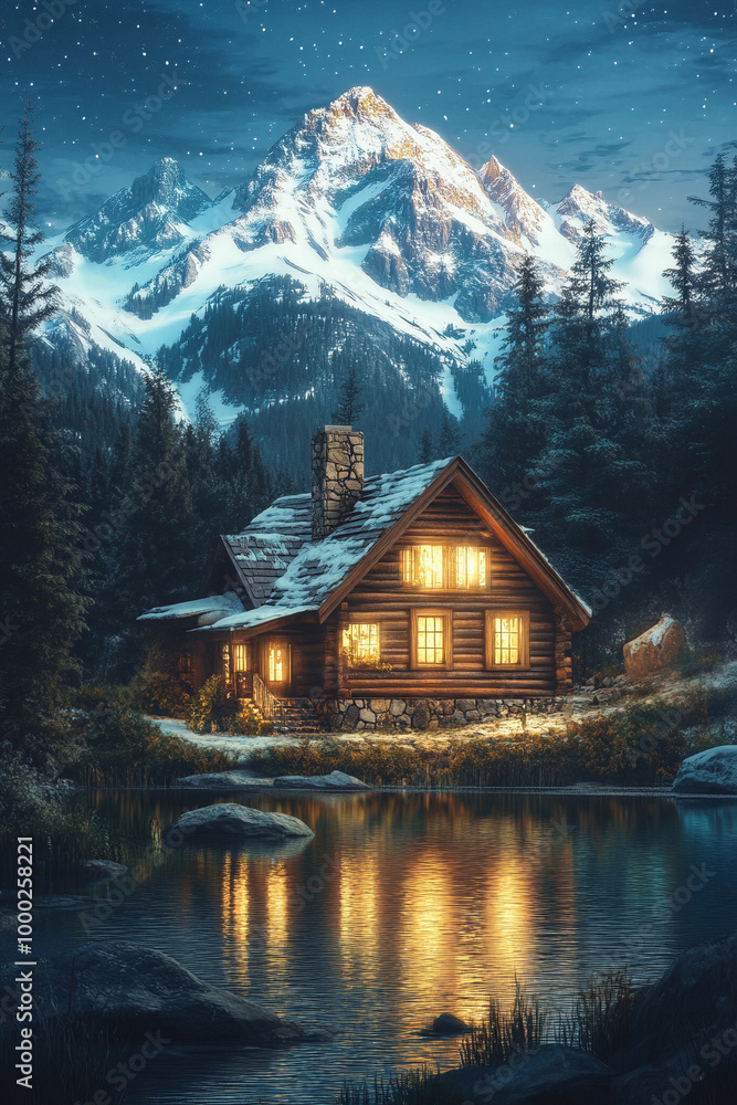 Fototapeta premium Hütte vor Bergen mit Schnee