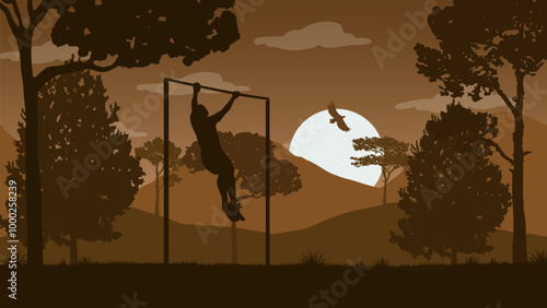 A Man Doing Pull Ups in the Middle of the Forest - Beautiful 2D Landscape Silhouette Wallpaper
