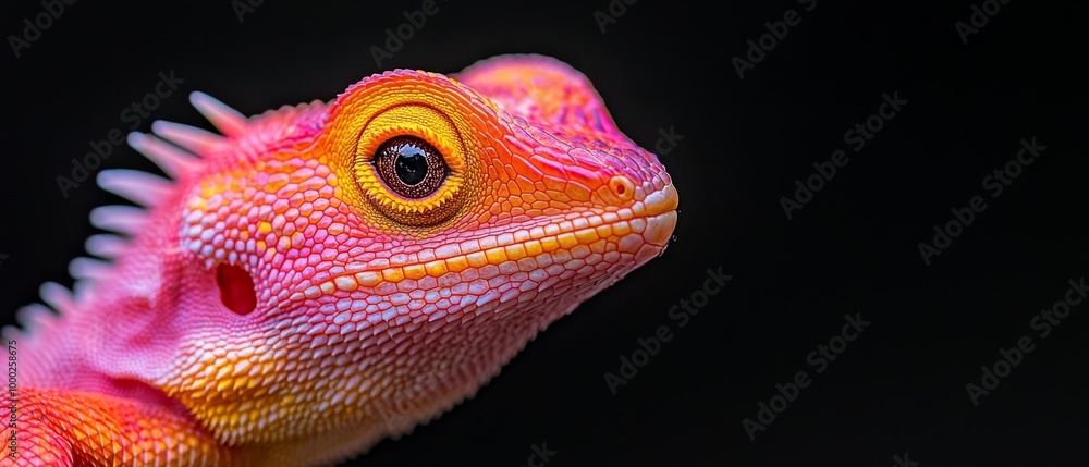 A tight shot of a lizard's face, featuring an orange and yellow hue A tight shot of a lizard's face, featuring an orange and yellow hue
