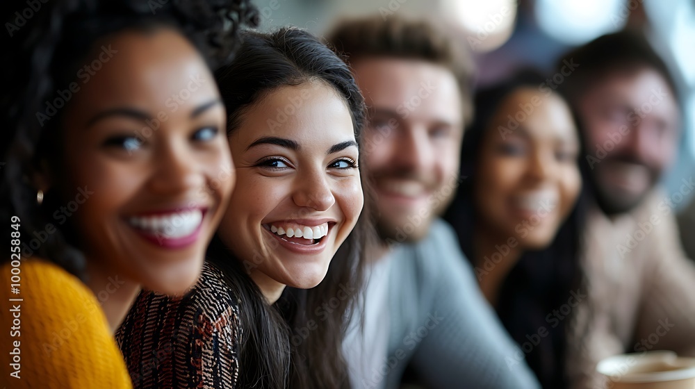 Obraz premium Diverse and inclusive group of office colleagues smiling at a team building workshop event, workplace race inclusion and diversity concept