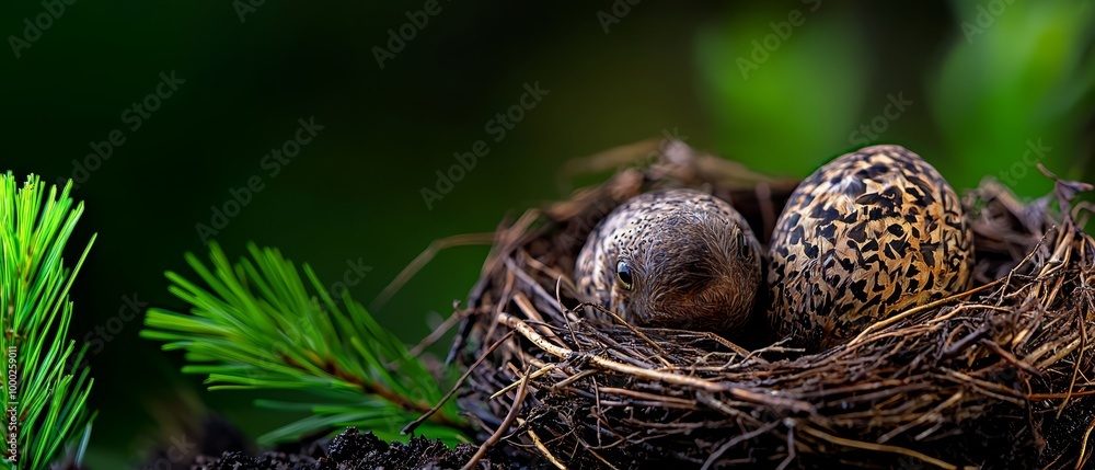 A tight shot of a bird's nest atop a pine tree, housing two eggs A tight shot of a bird's nest atop a pine tree, housing two eggs