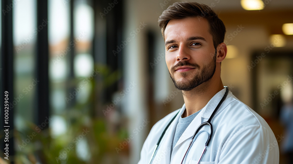 Young male doctor smiling in a hospital setting Young male doctor smiling in a hospital setting