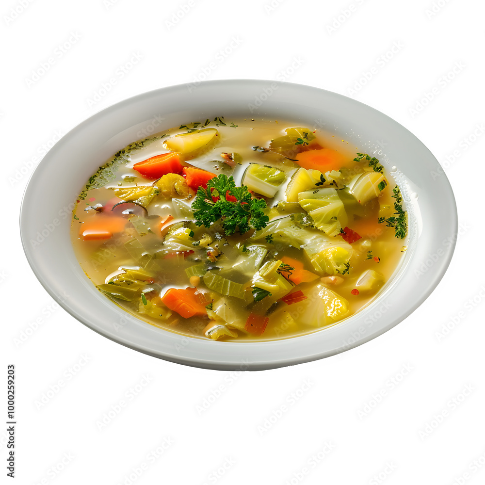 Bowl of homemade vegetable soup with bright carrots, celery, and parsley, set against a clear background for simple customization Bowl of homemade vegetable soup with bright carrots, celery, and parsley, set against a clear background for simple customization