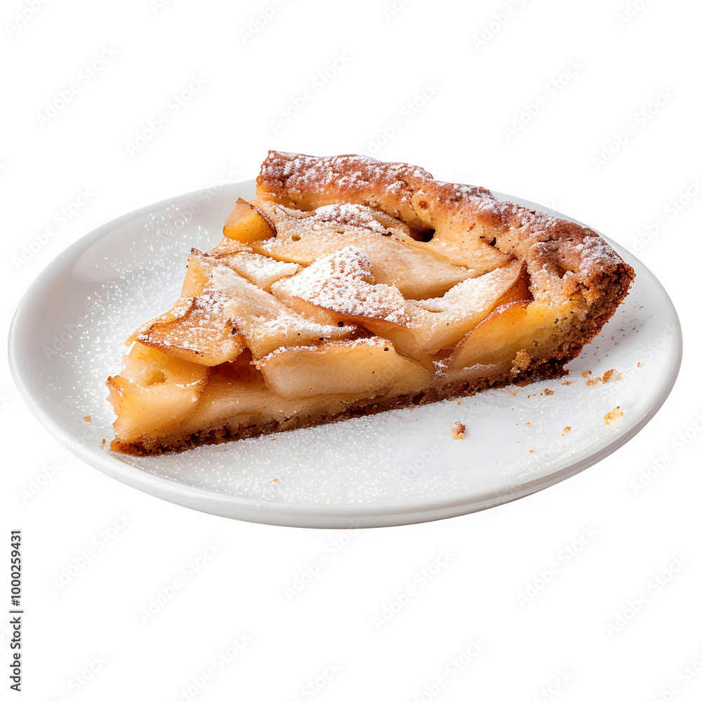 Zoomed-in view of a homemade slice of apple pie sprinkled with powdered sugar, served on a white plate against a clear background Zoomed-in view of a homemade slice of apple pie sprinkled with powdered sugar, served on a white plate against a clear background