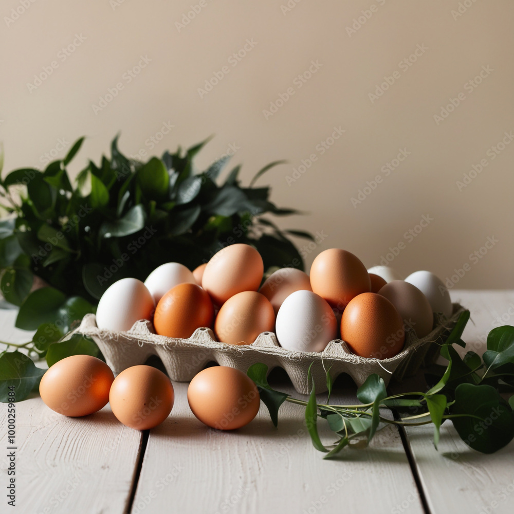 Photograph of a dozen fresh, organic eggs, carefully arranged in a rustic, wooden-slatted carton Photograph of a dozen fresh, organic eggs, carefully arranged in a rustic, wooden-slatted carton