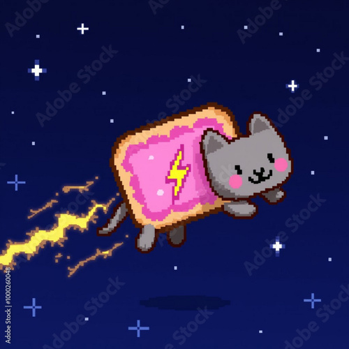 Nyan cat, a pixelart cat with a poptart as a body, flies happily through space, leaving a train of lightning in his wake. There is a lightning bolt emblem on his body. photo