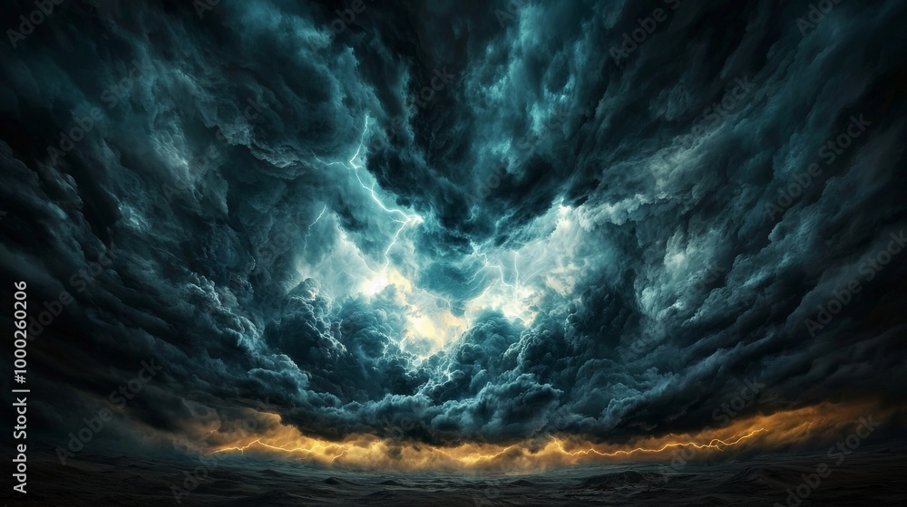 A stormy sky filled with dark, ominous clouds, rolling in over a desolate landscape, with flashes of lightning in the distance A stormy sky filled with dark, ominous clouds, rolling in over a desolate landscape, with flashes of lightning in the distance