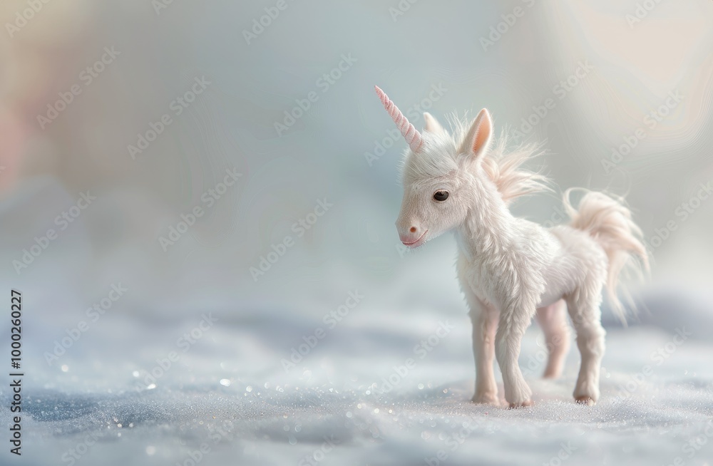 Small white unicorn figurine standing on glittering snow or ice crystals, with a blurred background and soft light tones, creating a magical, fantasy-like scene. Small white unicorn figurine standing on glittering snow or ice crystals, with a blurred background and soft light tones, creating a magical, fantasy-like scene.