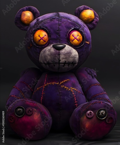 reepy Stitched Voodoo Teddy Bear with Button Eyes and Dark Stitching – Spooky Halloween Plush Toy, Gothic Horror Art Concept for Dark Fantasy and Occult Themes photo