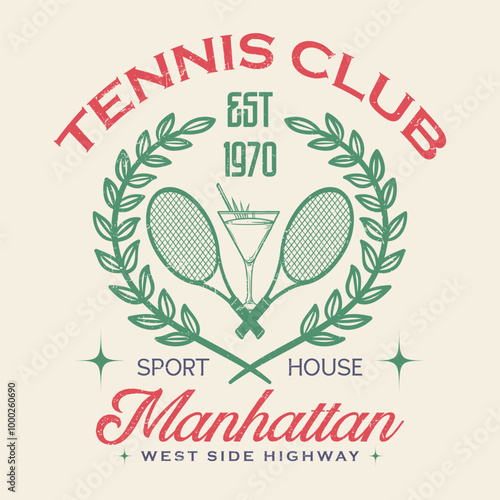 Victory Tennis Club vintage tee print, athletic apparel design shirt graphic print. Vintage artwork for sportswear. Tennis club vector t-shirt design. Retro varsity tennis logos prints.