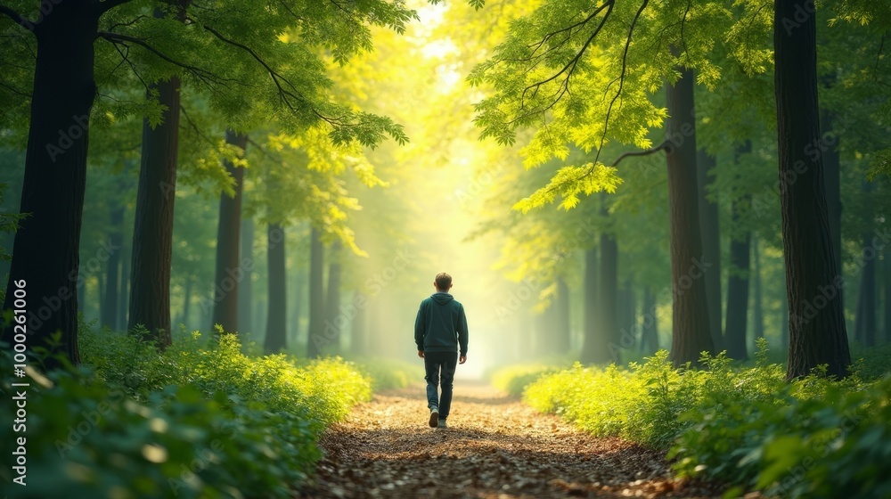 Obraz premium Person Walking in Serene Forest Path, Symbolizing Stages of Personal Growth and Goal Setting