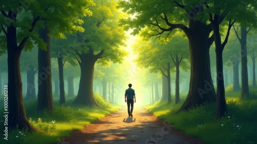 Person Walking in Serene Forest Path, Symbolizing Stages of Personal Growth and Goal Setting