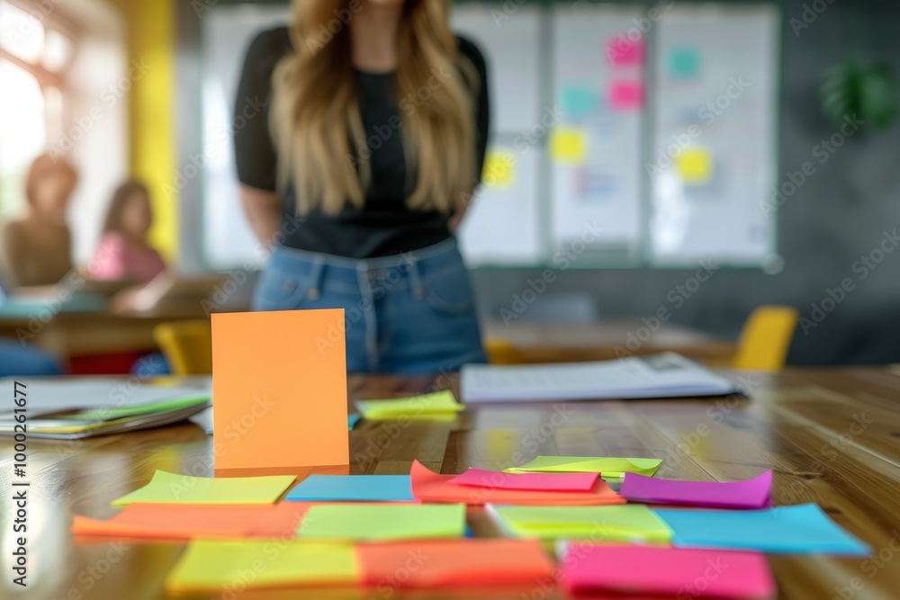 Creative White woman in casual wear presents to team, discussing with colorful note paper on wood table, planning to success concept. , background blur Creative White woman in casual wear presents to team, discussing with colorful note paper on wood table, planning to success concept. , background blur