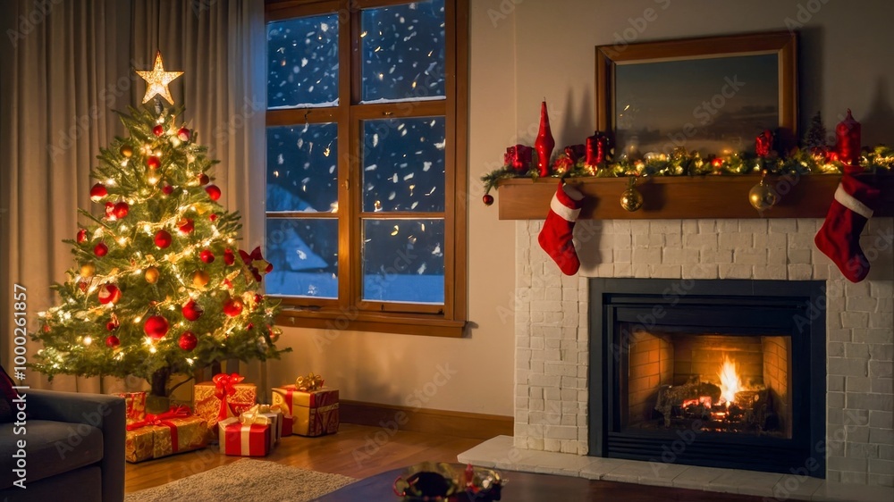 Cozy Christmas Living Room With a Beautifully Decorated Tree and a Warm Fireplace Glow Cozy Christmas Living Room With a Beautifully Decorated Tree and a Warm Fireplace Glow