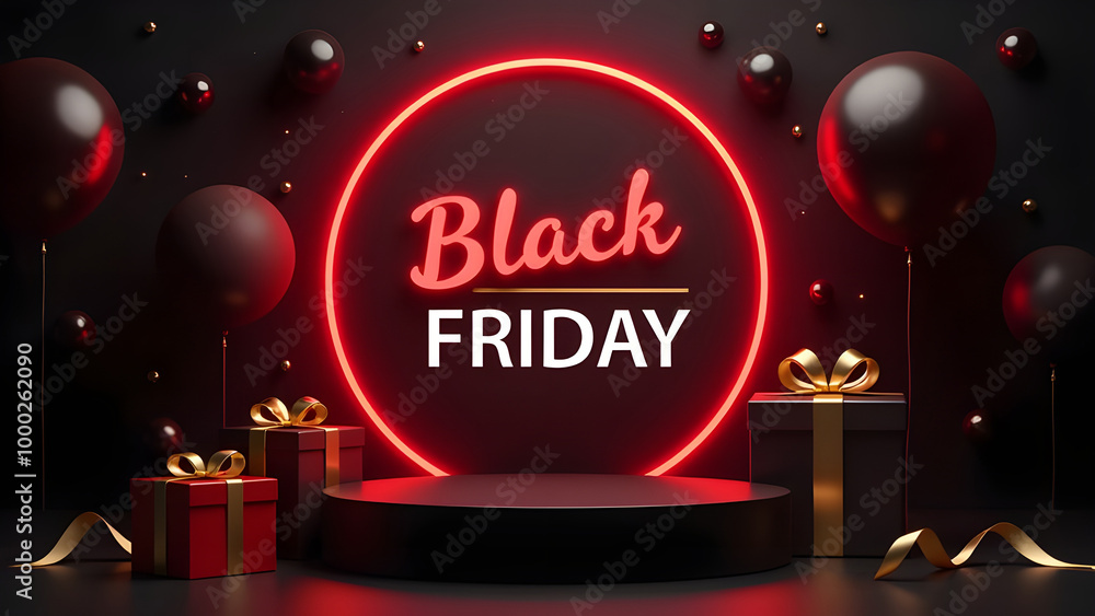 Black Friday sale with black podium and realistic gift box element and balloons and red circle frame and neon light effect and bokeh and gold ribbons on black background