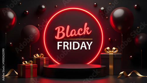 Obraz na płótnie Black Friday sale with black podium and realistic gift box element and balloons and red circle frame and neon light effect and bokeh and gold ribbons on black background w salonie