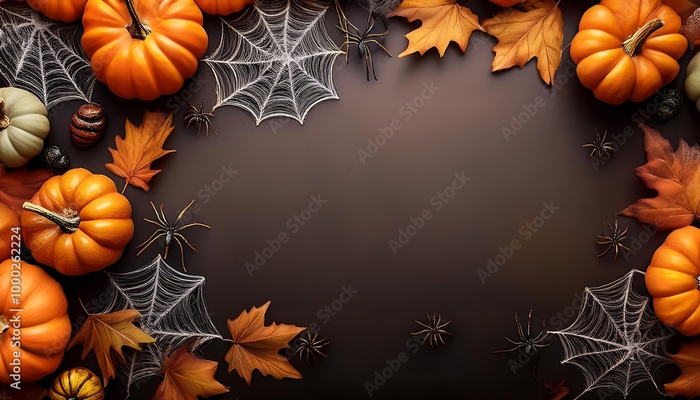 A captivating overhead view of eerie spiderwebs, colorful gourds, and autumn leaves creates an enchanting Halloween atmosphere perfect for festive decor. Generative AI A captivating overhead view of eerie spiderwebs, colorful gourds, and autumn leaves creates an enchanting Halloween atmosphere perfect for festive decor. Generative AI