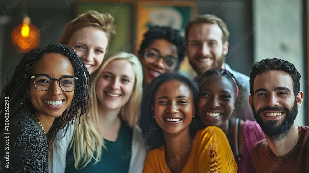 Diverse and inclusive group of office colleagues smiling at a team building workshop event, workplace race inclusion and diversity concept Diverse and inclusive group of office colleagues smiling at a team building workshop event, workplace race inclusion and diversity concept