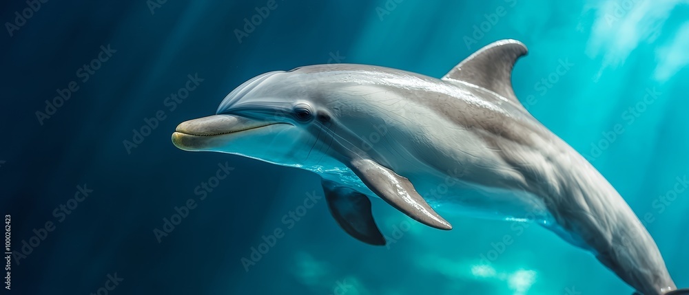 A tight shot of a dolphin swimming in a water body, illuminated face by light A tight shot of a dolphin swimming in a water body, illuminated face by light