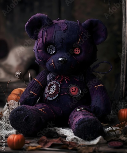 reepy Stitched Voodoo Teddy Bear with Button Eyes and Dark Stitching – Spooky Halloween Plush Toy, Gothic Horror Art Concept for Dark Fantasy and Occult Themes photo