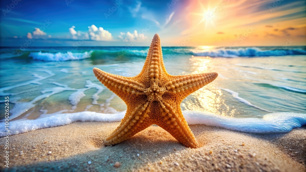 Beautiful View of a Tropical Beach with a Starfish with Golden Sand and Crystal Clear Ocean Water, A Serene Coastal Paradise Perfect for Digital Graphic Design Projects and Backgrounds