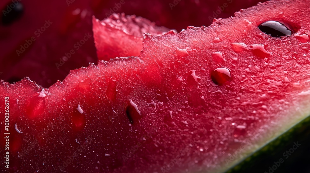 A tight shot of a watermelon slice, adorned with droplets at its upper and lower edges A tight shot of a watermelon slice, adorned with droplets at its upper and lower edges