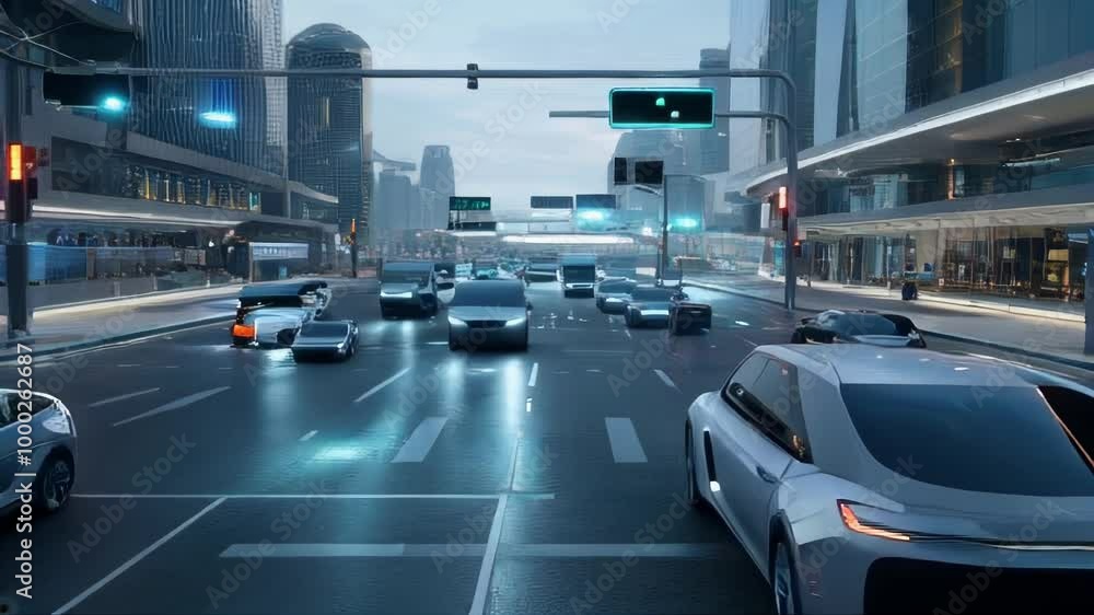 Cars driving on a modern street in a futuristic city. Shows autonomous ...