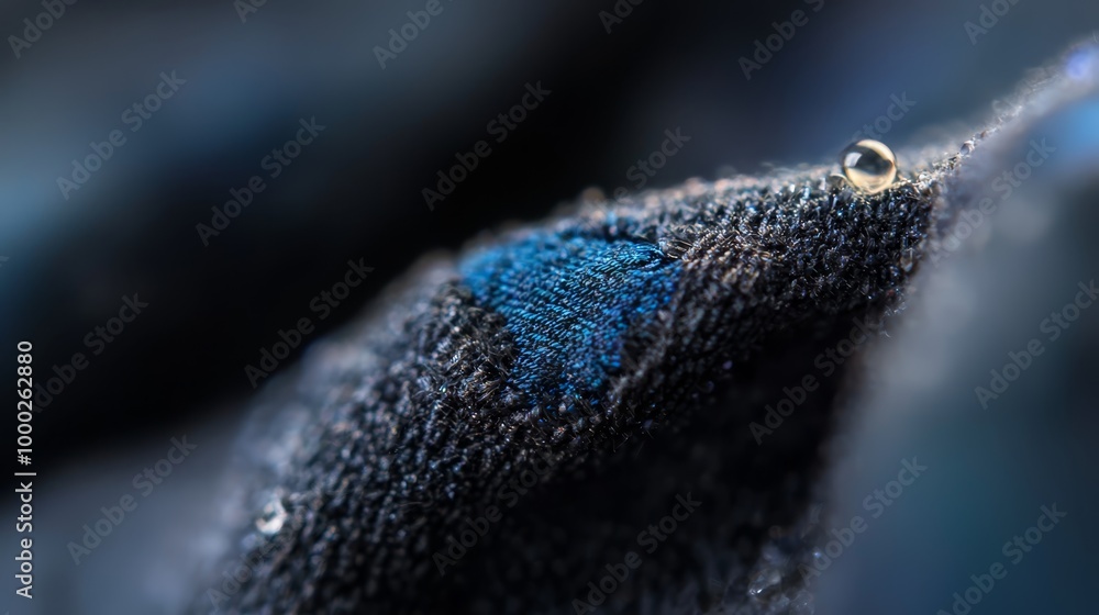 A tight shot of a blue-black fabric with a water droplet at its tip A tight shot of a blue-black fabric with a water droplet at its tip