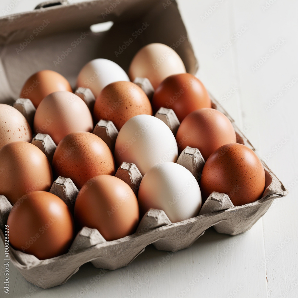 Photograph of a dozen fresh, organic eggs, carefully arranged in a rustic, wooden-slatted carton Photograph of a dozen fresh, organic eggs, carefully arranged in a rustic, wooden-slatted carton