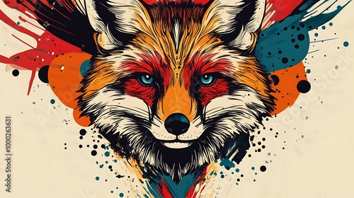 A close-up illustration of a fox's head against a colorful abstract background.