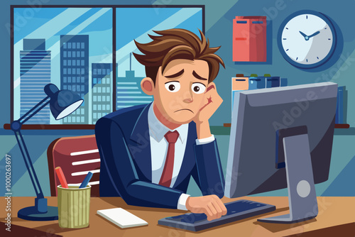 Frustrated businessman sitting at a desk with a computer in a corporate office