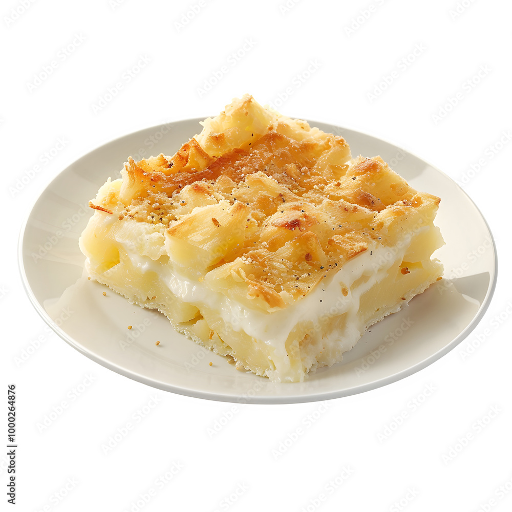 Delicious piece of creamy pineapple pie with a crispy crust, presented on a white dish, set against a clear background Delicious piece of creamy pineapple pie with a crispy crust, presented on a white dish, set against a clear background