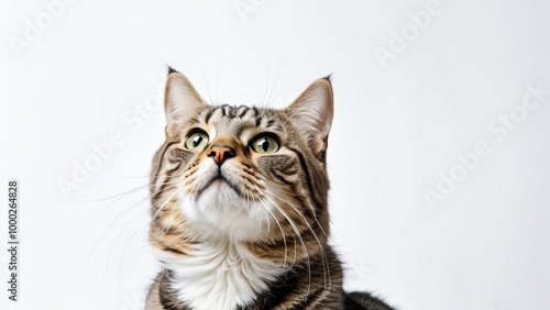 A close-up of a curious tabby cat looking upwards against a plain background.