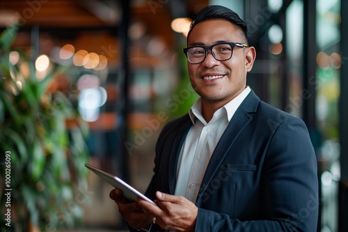 Happy young Pacific Islander business man executive holding tablet at the office. , background blur