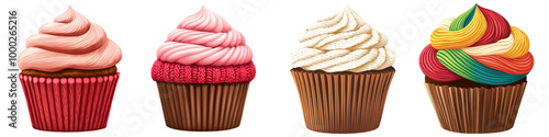 Four colorful cupcakes on a white isolated background