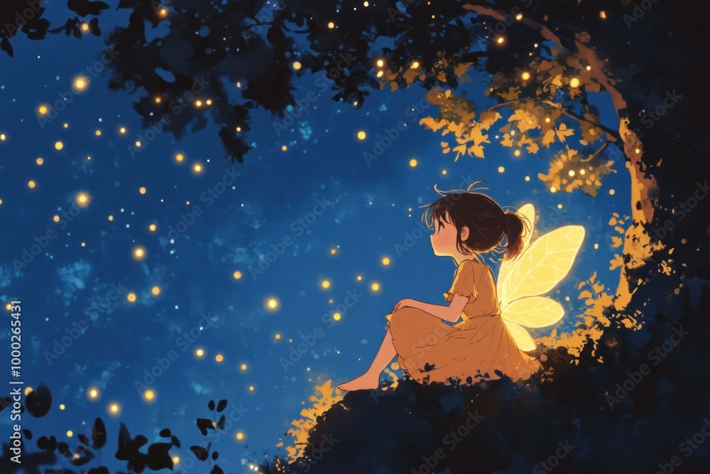 Fototapeta premium A Girl with Fairy Wings Gazing at Fireflies Under a Night Sky