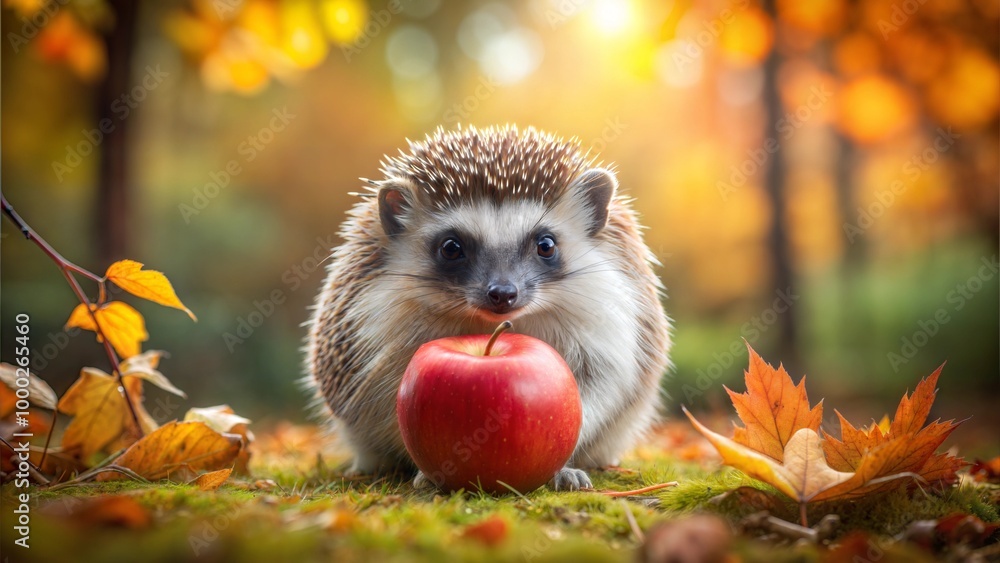 Adorable hedgehog with a red apple sitting on soft moss surrounded by autumn foliage in a forest Adorable hedgehog with a red apple sitting on soft moss surrounded by autumn foliage in a forest