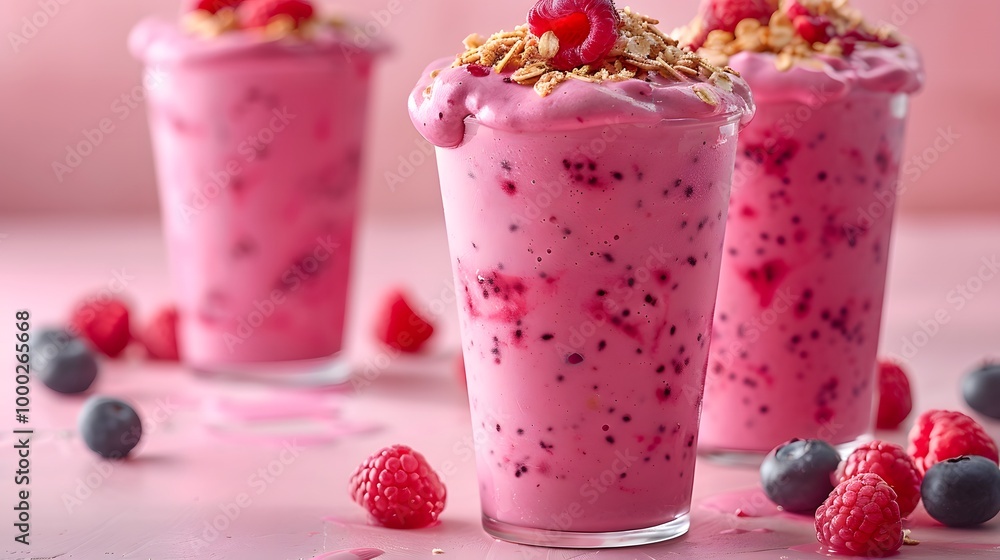 Raspberry and blueberry smoothies with granola in glasses on a pink background. Bright flat lay of healthy berry drinks for banners, marketing, and wellness concepts. Vibrant design with copy space Raspberry and blueberry smoothies with granola in glasses on a pink background. Bright flat lay of healthy berry drinks for banners, marketing, and wellness concepts. Vibrant design with copy space