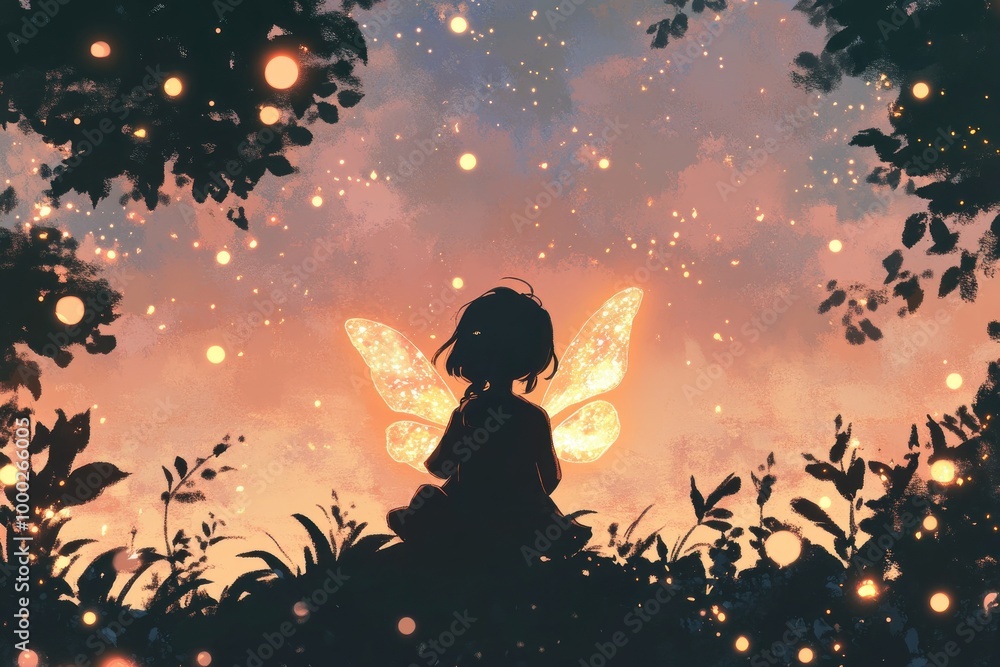 A Silhouetted Figure with Luminous Wings Against a Twilight Sky A Silhouetted Figure with Luminous Wings Against a Twilight Sky