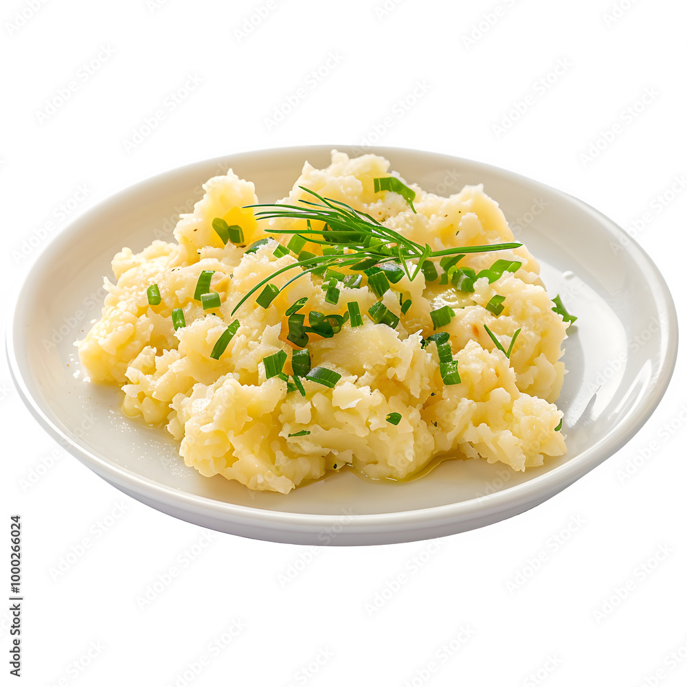 Creamy mashed potatoes served on a white plate, garnished with fresh chives, perfect for a comforting and flavorful meal Creamy mashed potatoes served on a white plate, garnished with fresh chives, perfect for a comforting and flavorful meal