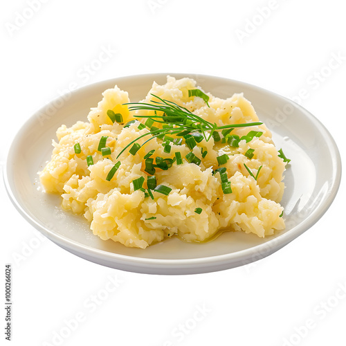 Creamy mashed potatoes served on a white plate, garnished with fresh chives, perfect for a comforting and flavorful meal