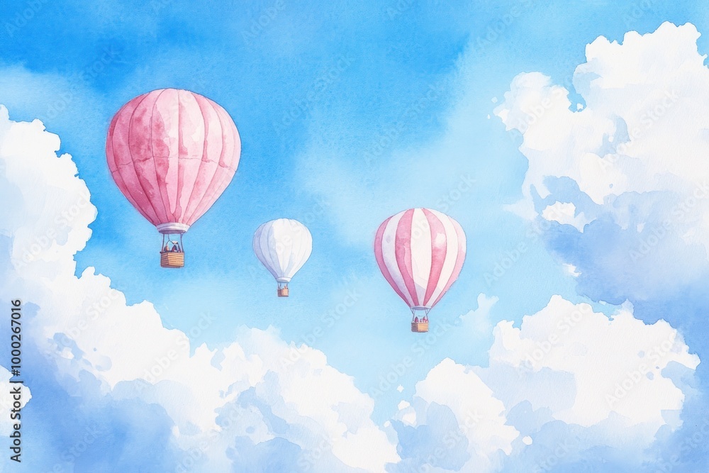 Watercolor Painting of Three Hot Air Balloons Floating in a Blue Sky with White Clouds Watercolor Painting of Three Hot Air Balloons Floating in a Blue Sky with White Clouds