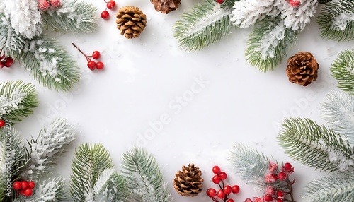 A serene winter wonderland with snow-dusted pine branches, vibrant red berries, and pinecones, capturing the essence of a tranquil holiday atmosphere. Generative AI