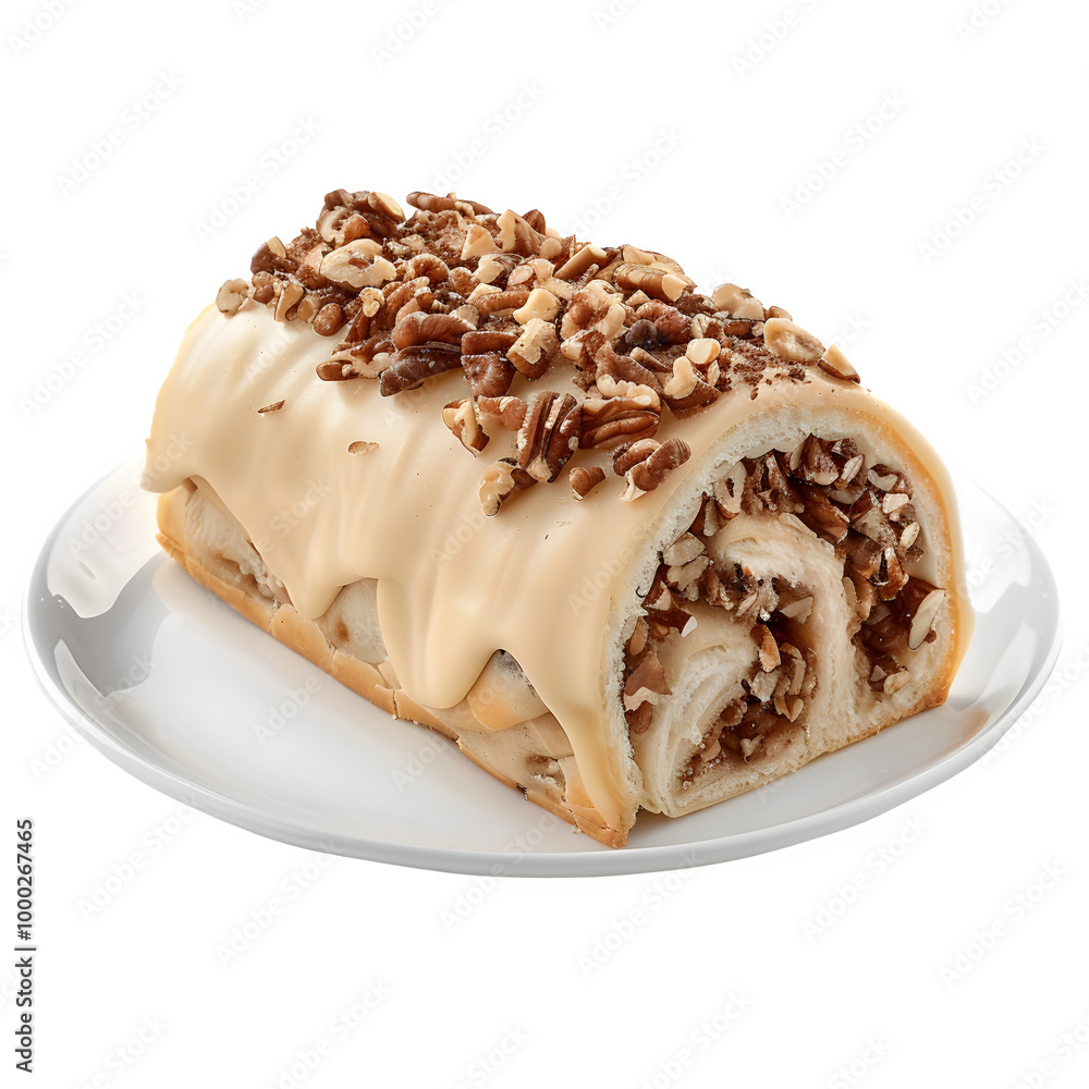 Delicious cinnamon roll with creamy frosting and a sprinkle of chopped nuts, presented on a white plate against a clear background Delicious cinnamon roll with creamy frosting and a sprinkle of chopped nuts, presented on a white plate against a clear background
