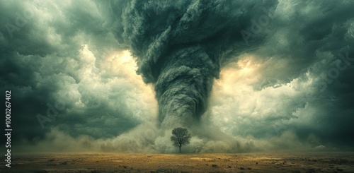 A massive tornado spirals ominously amid dark clouds, shrouding the land in fog, with a solitary tree standing against the tumult photo