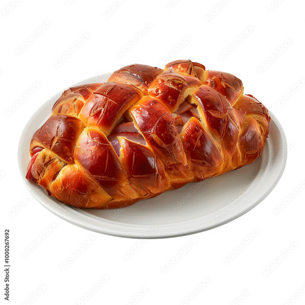 Newly baked braided bread with a golden brown hue, displayed on a white plate against a clear background. Ideal for food-themed projects and ads Newly baked braided bread with a golden brown hue, displayed on a white plate against a clear background. Ideal for food-themed projects and ads